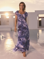 Пурпурный с цветочным узором - Friends Like These Millie Mackintosh Chiffon Frill Maxi Dress - Image 1 of 4