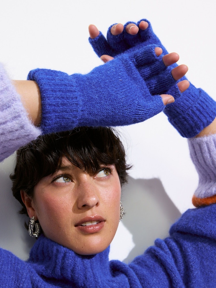 Oliver Bonas Blue Knitted Fingerless Mitten Gloves - Image 1 of 6