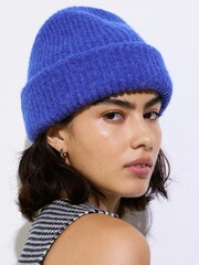Oliver Bonas Blue Ribbed Knitted Beanie Hat - Image 6 of 6