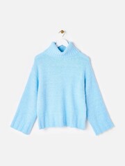 Oliver Bonas Blue Fluffy Chunky Rib Roll Neck Jumper - Image 1 of 6