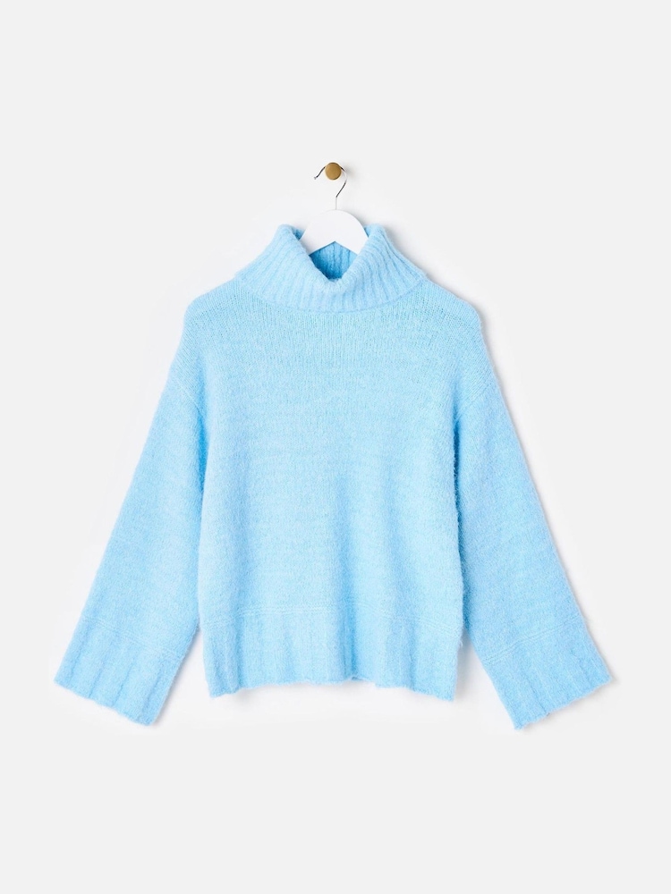 Oliver Bonas Blue Fluffy Chunky Rib Roll Neck Jumper - Image 1 of 6 Oliver Bonas Blue Fluffy Chunky Rib Roll Neck Jumper - Image 1 of 6