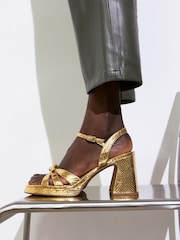 Oliver Bonas Gold Bow Leather Platform Heeled Sandals - Image 2 of 8