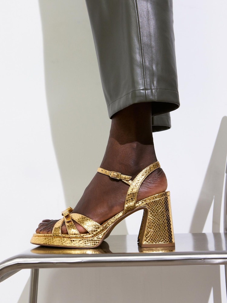 Oliver Bonas Gold Bow Leather Platform Heeled Sandals - Image 2 of 8