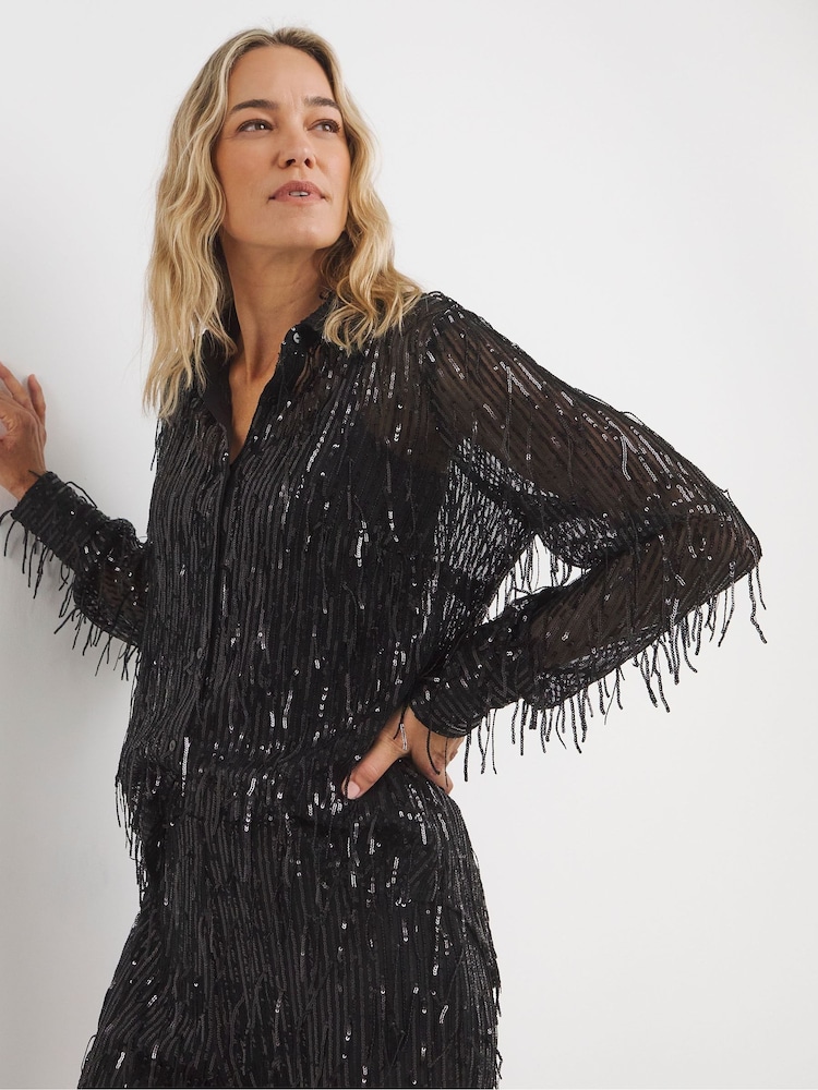 Joanna Hope Sequin Tassle Black Shirt - Image 1 of 4