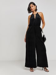Simply Be Black Velour Wide Leg Jumpsuit - Image 1 of 4