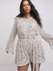 Simply Be Silver Sequin Belted Playsuit - Image 1 of 4
