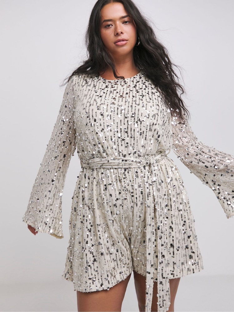 Simply Be Silver Sequin Belted Playsuit - Image 1 of 4