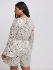 Simply Be Silver Sequin Belted Playsuit - Image 2 of 4