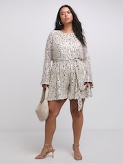 Simply Be Silver Sequin Belted Playsuit - Image 3 of 4