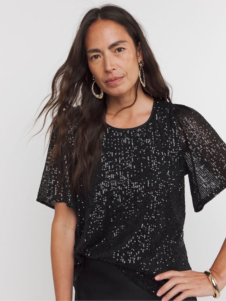 Negro - JD Williams Sequin Angel Sleeve Top - Imagen 4 de 4
