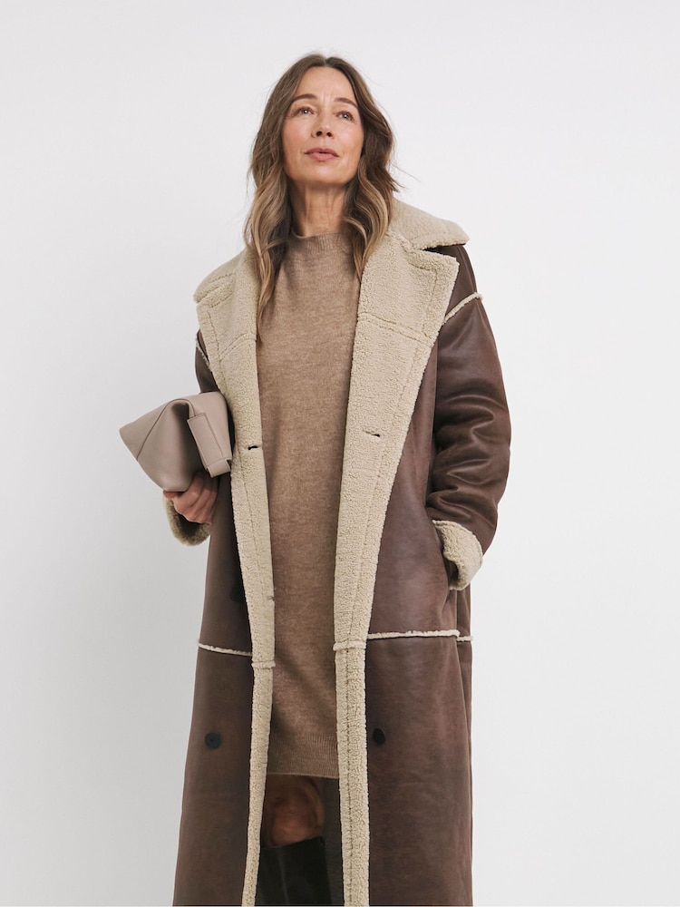 JD Williams Brown Tan Maxi Shearling Jacket - Image 1 of 4 JD Williams Brown Tan Maxi Shearling Jacket - Image 1 of 4