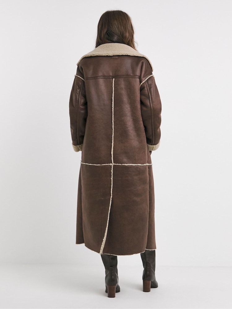 JD Williams Brown Tan Maxi Shearling Jacket - Image 2 of 4