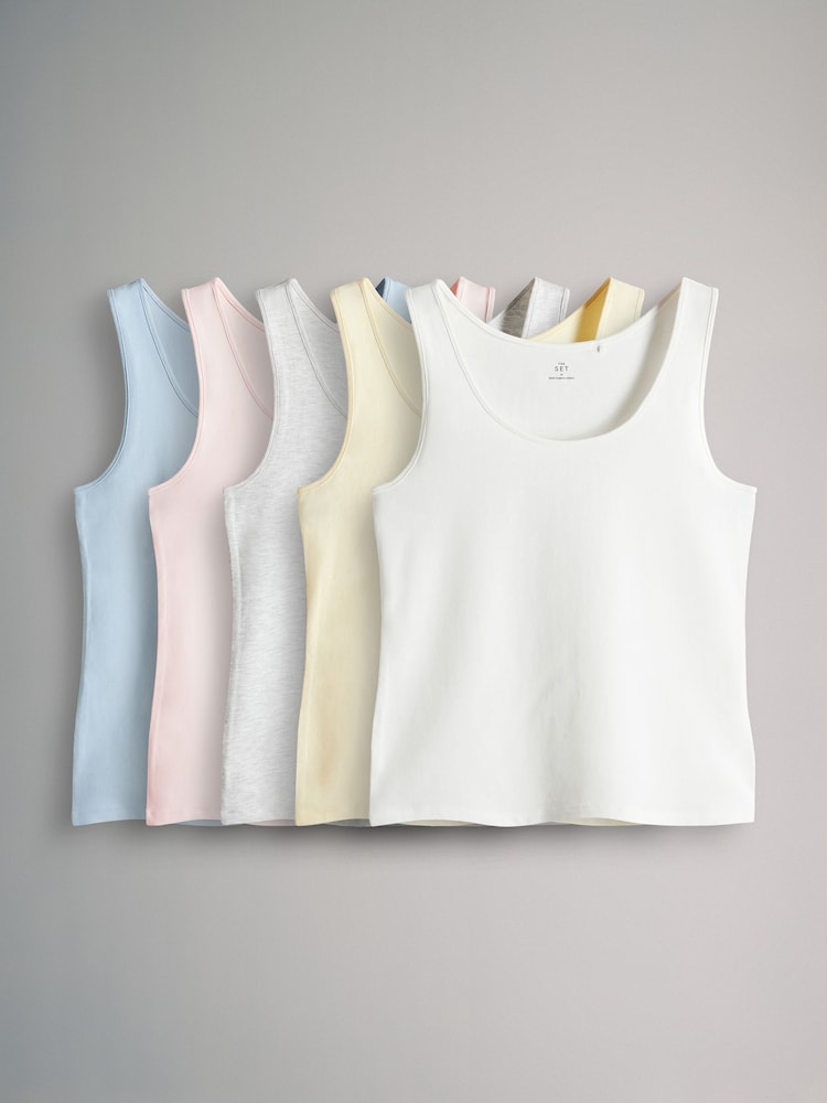 The Set Pale Pink/Grey Marl/Yellow/White/Blue Scoop Neck Vests 5 Pack - Image 1 of 7