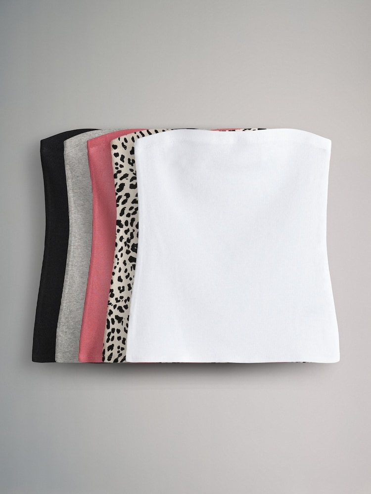 The Set Pink/Black/Grey Marl/White/Animal Print Ribbed Bandeau Tops 5 Pack - Image 1 of 8