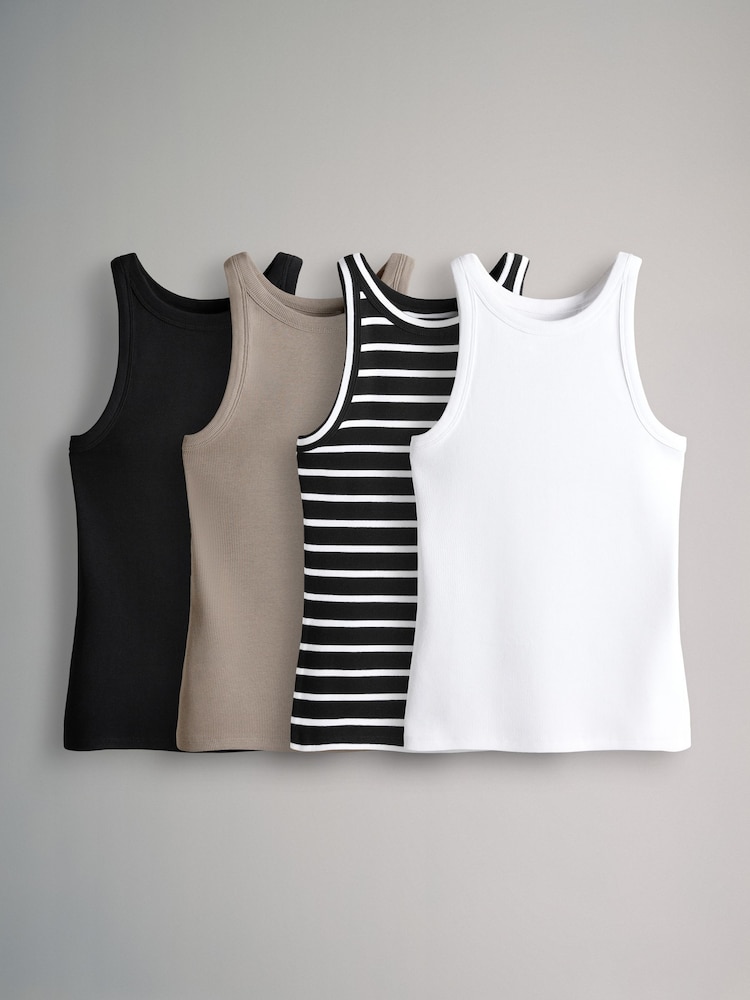 The Set Black/White/Stripe/Taupe Brown 4 Pack Ribbed Racer Vests - Image 2 of 13