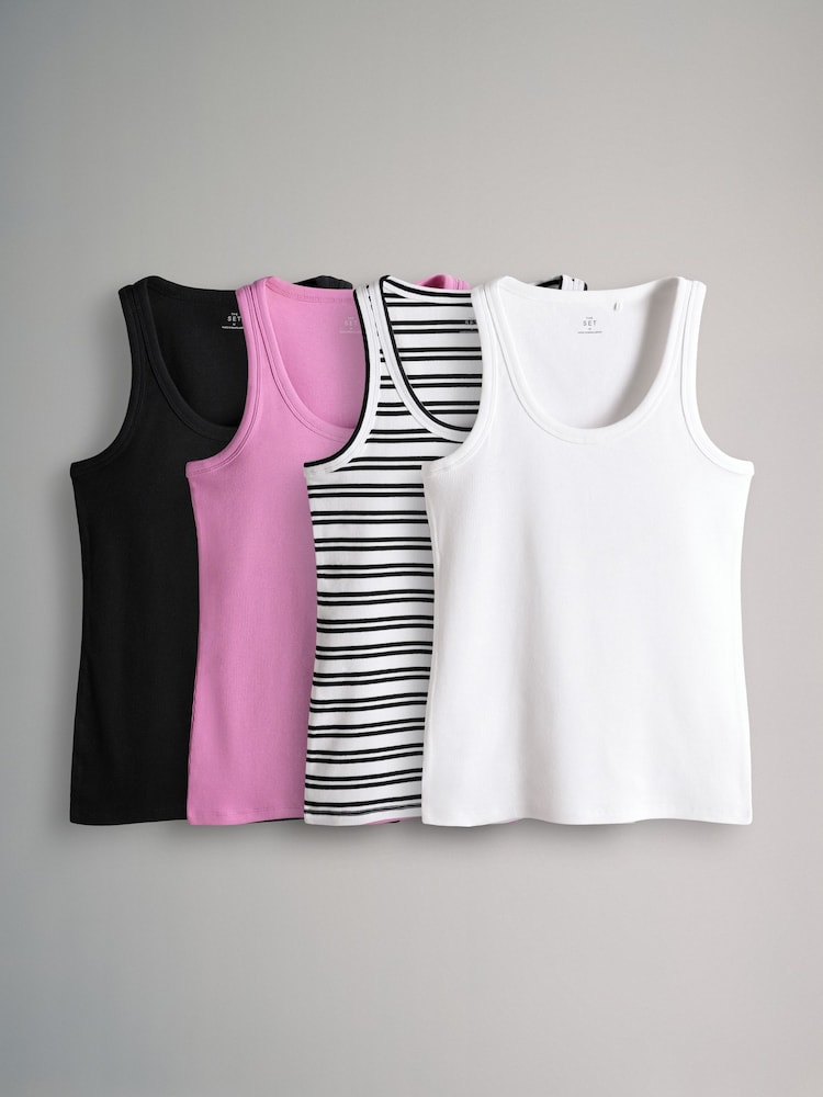 The Set Black/Pink/White/Black&White Stripe 4 Pack Ribbed Scoop Neck Vests - Image 1 of 7
