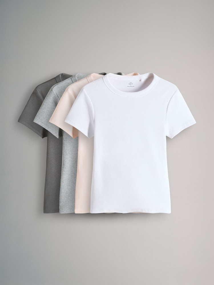 The Set Pink/White/Grey Marl/Yellow 4 Pack Ribbed T-Shirt - Image 1 of 6 The Set Pink/White/Grey Marl/Yellow 4 Pack Ribbed T-Shirt - Image 1 of 6