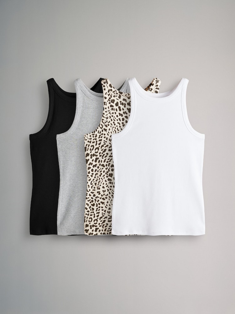 The Set Black/White/Grey Marl/Animal 4 Pack Ribbed Racer Vests - Image 1 of 7