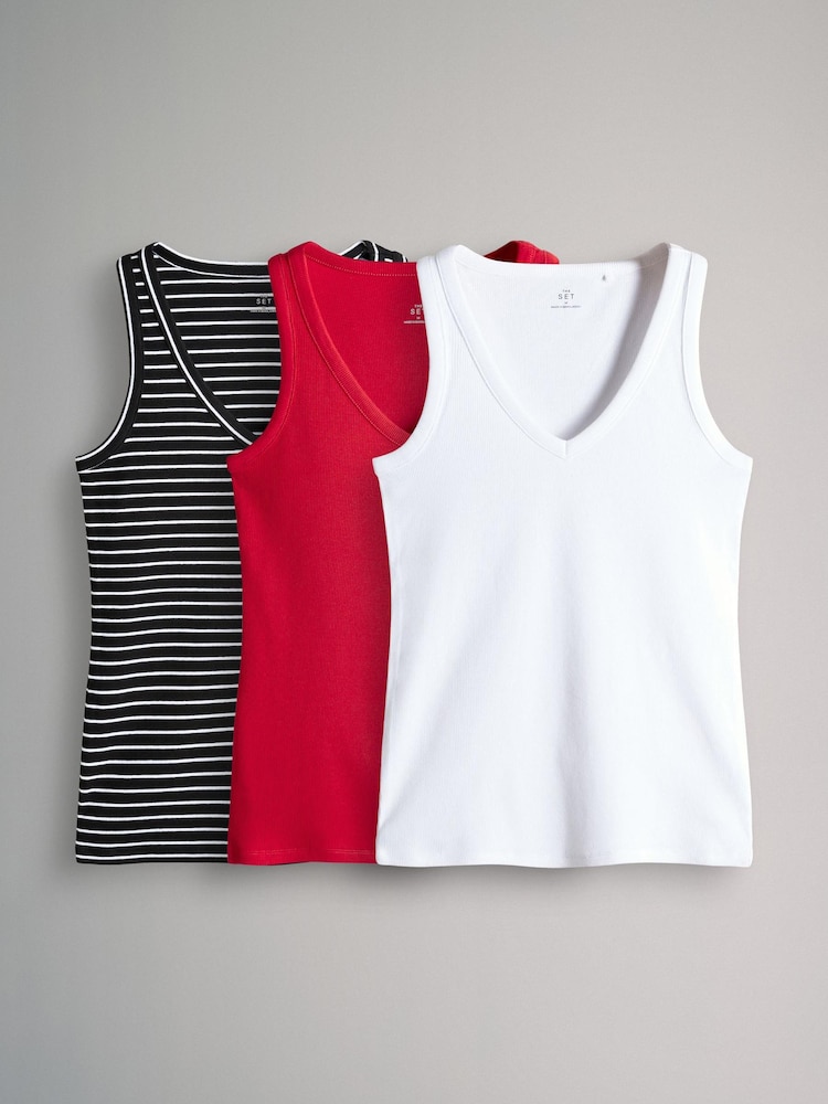 The Set Red/White/Black Stripe 3 Pack V-Neck Ribbed Vests - Image 1 of 4 The Set Red/White/Black Stripe 3 Pack V-Neck Ribbed Vests - Image 1 of 4