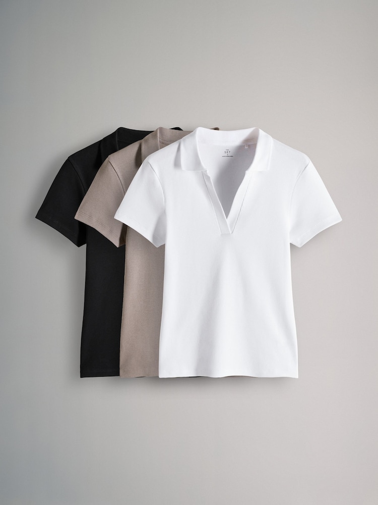 The Set Black/White/Taupe Brown 3 Pack Ribbed Short Sleeve Collared Tshirt - Image 2 of 11