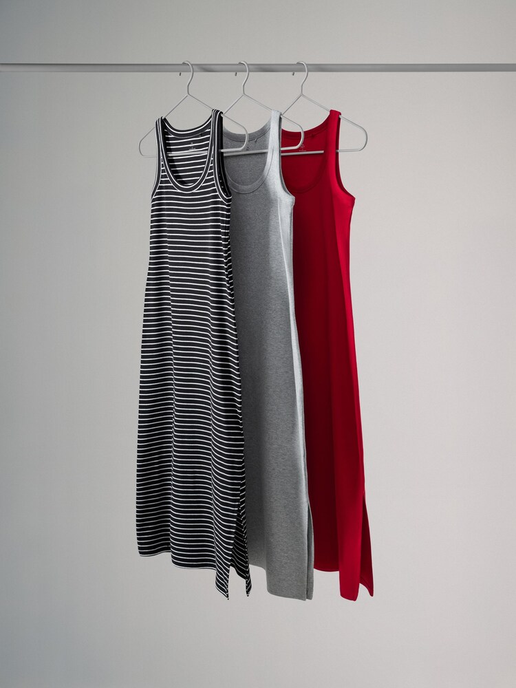 The Set Red/Grey Marl/Black Stripe Scoop Neck Ribbed Vest Midi Dress 3 Pack