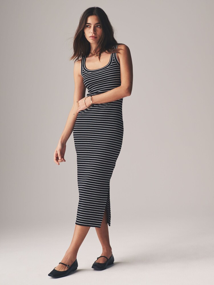 The Set Red/Grey Marl/Black Stripe Scoop Neck Ribbed Vest Midi Dress 3 Pack