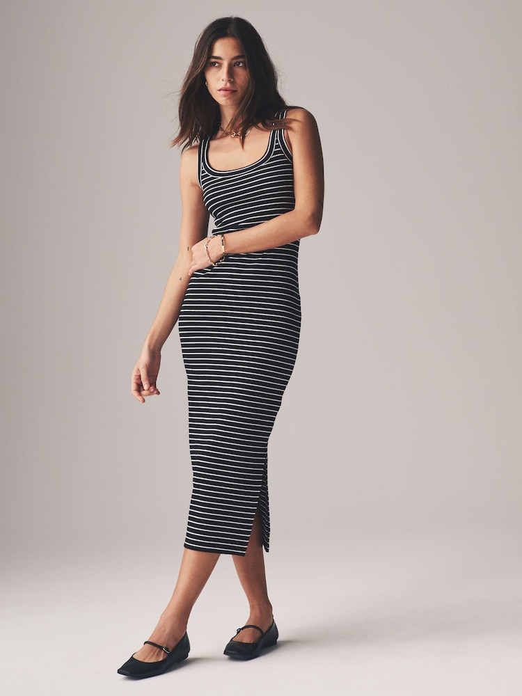 The Set Red/Grey Marl/Black Stripe Scoop Neck Ribbed Vest Midi Dress 3 Pack - Image 3 of 12