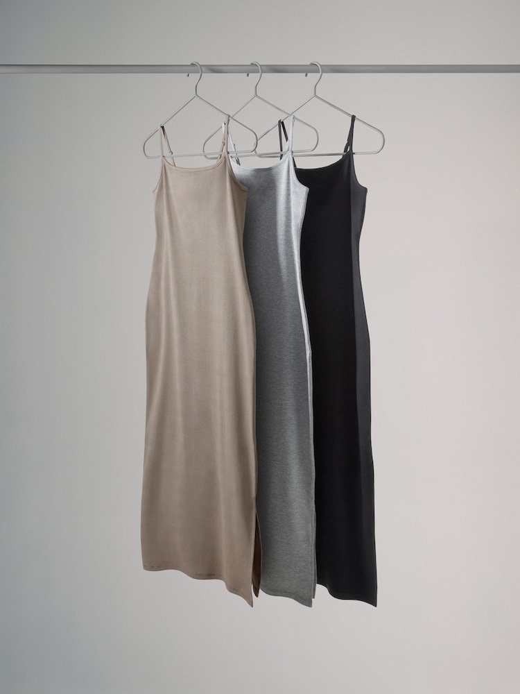 The Set Black/Grey Marl/Taupe Brown 3 Pack Strappy Ribbed Dress - Image 2 of 9