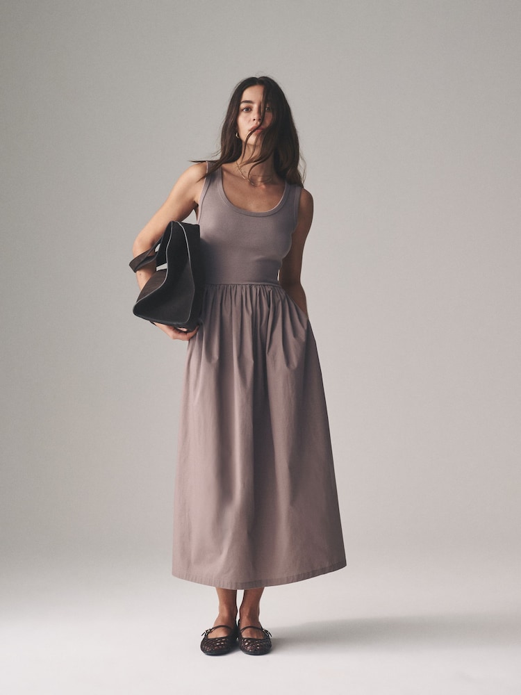 The Set Black/Taupe 2 Pack Ribbed Vest Jersey Woven Mix Midi Dress - Image 3 of 8