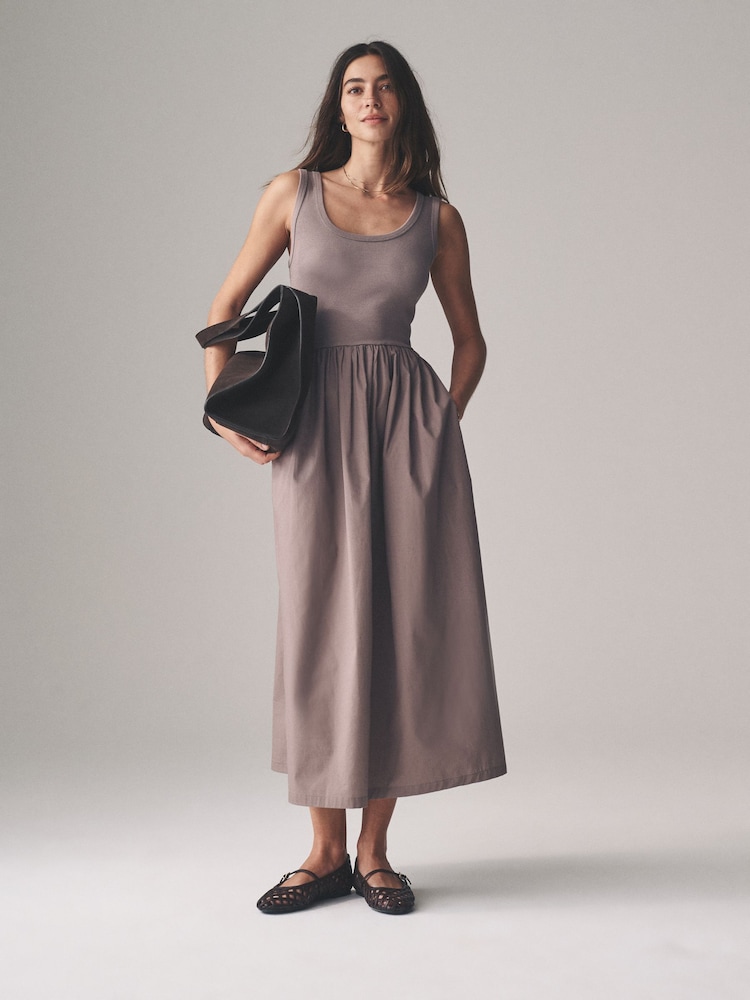 The Set Black/Taupe 2 Pack Ribbed Vest Jersey Woven Mix Midi Dress - Image 4 of 8