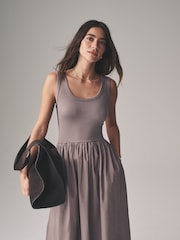 The Set Black/Taupe 2 Pack Ribbed Vest Jersey Woven Mix Midi Dress - Image 6 of 8