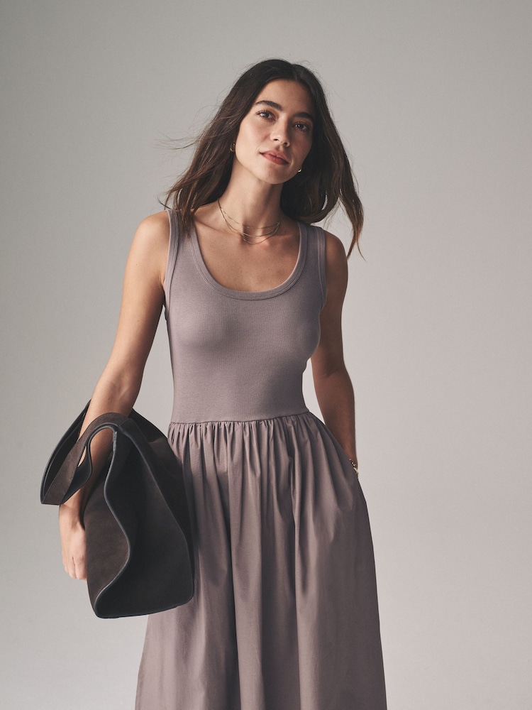 The Set Black/Taupe 2 Pack Ribbed Vest Jersey Woven Mix Midi Dress - Image 6 of 8