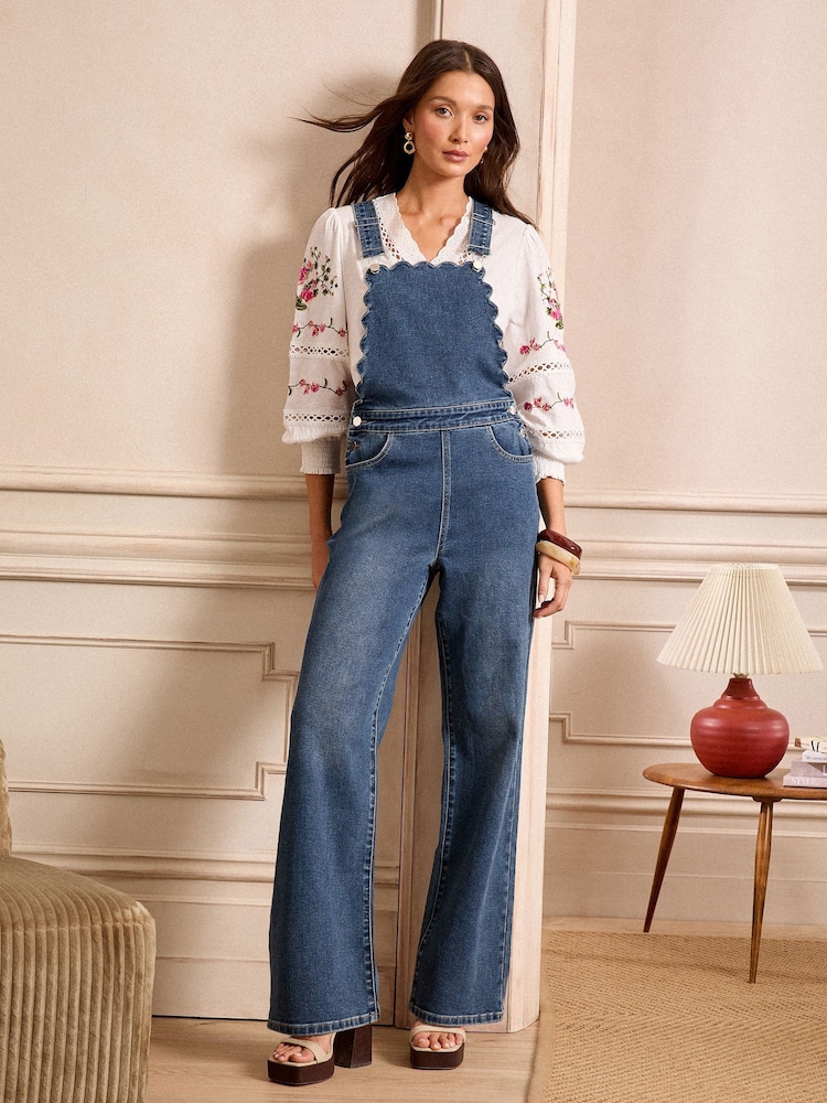 Love & Roses Mid Wash Blue Petite Scallop Edge Denim Dungarees - Image 2 of 4 Love & Roses Mid Wash Blue Petite Scallop Edge Denim Dungarees - Image 2 of 4