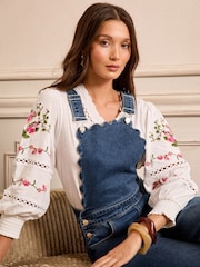 Love & Roses Mid Wash Blue Petite Scallop Edge Denim Dungarees - Image 3 of 4