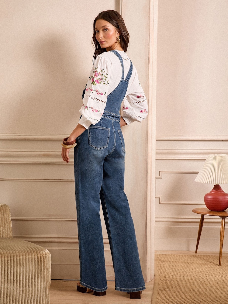 Love & Roses Mid Wash Blue Petite Scallop Edge Denim Dungarees - Image 4 of 4