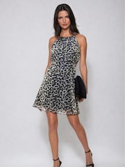 Religion Black Halterneck Noir Mini Dress With Fitted Empire Line in Leopard Animal Print - Image 3 of 5