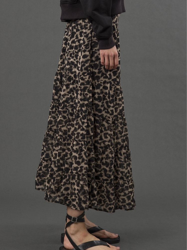Religion Black Tiered Boho Style Citrine Maxi Skirt In Leopard Animal Print - Image 2 of 6