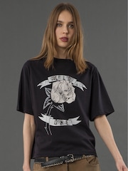Religion Black Relaxed Fitted Elegance Graphic 100% Cotton T-Shirt with Rose Artwork - Image 1 of 6