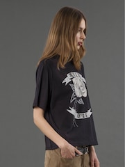 Religion Black Relaxed Fitted Elegance Graphic 100% Cotton T-Shirt with Rose Artwork - Image 3 of 6