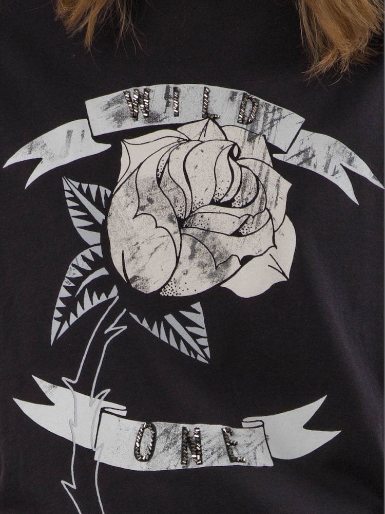 Religion Black Relaxed Fitted Elegance Graphic 100% Cotton T-Shirt with Rose Artwork - Image 6 of 6