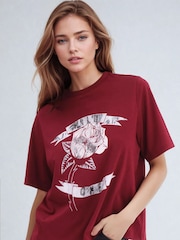 Religion Red Relaxed Fitted Elegance Graphic 100% Cotton T-Shirt With Rose Artwork - Image 1 of 5