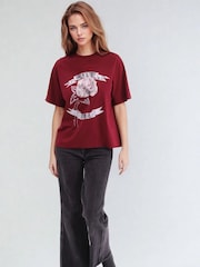 Religion Red Relaxed Fitted Elegance Graphic 100% Cotton T-Shirt With Rose Artwork - Image 2 of 5