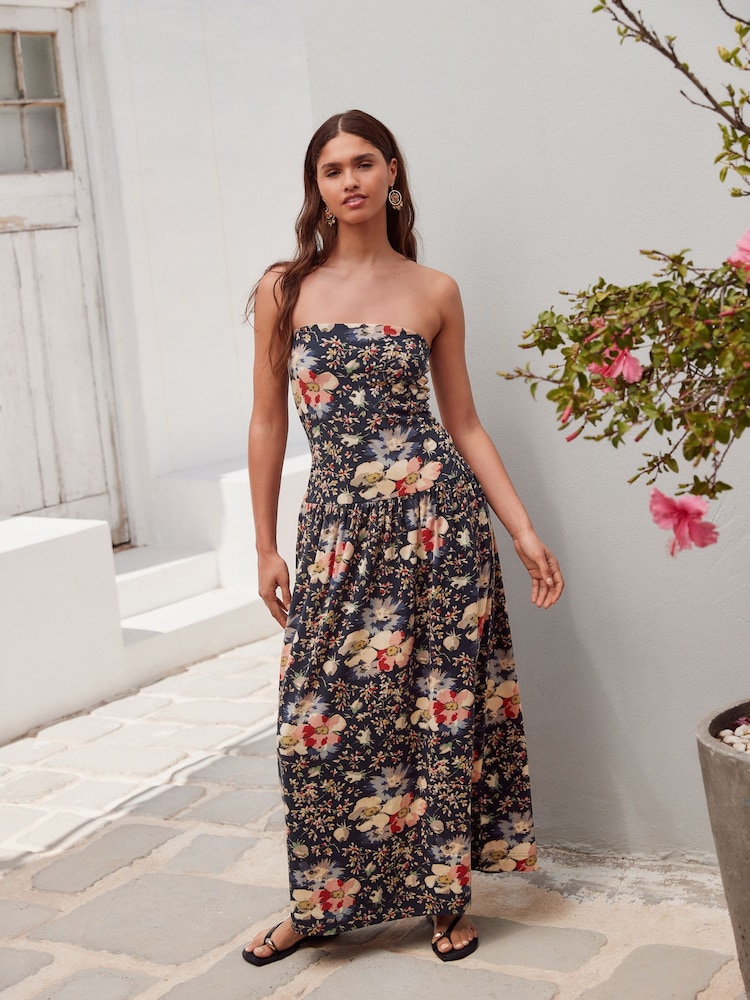 Zwart bloemenprint - Drop Waist Bandeau Maxi Length Jersey Dress - Image 1 of 6