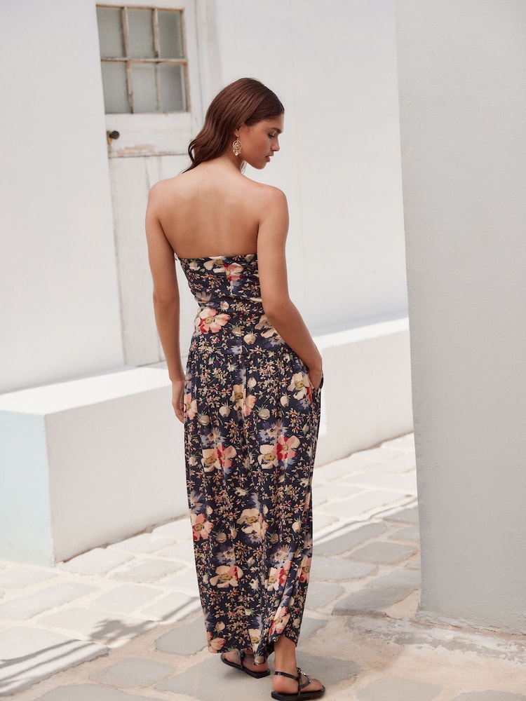 Zwart bloemenprint - Drop Waist Bandeau Maxi Length Jersey Dress - Image 4 of 6