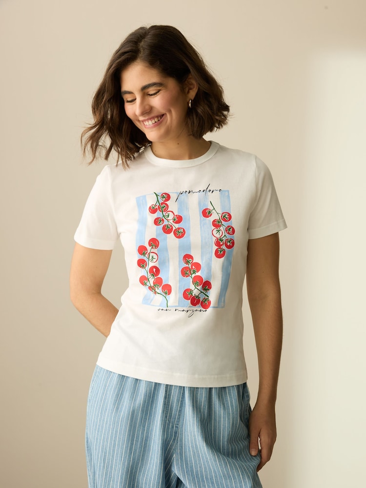 Graphic Tomato Print White Essential Pure Cotton Short Sleeve Crew Neck T-Shirt - Image 1 of 8