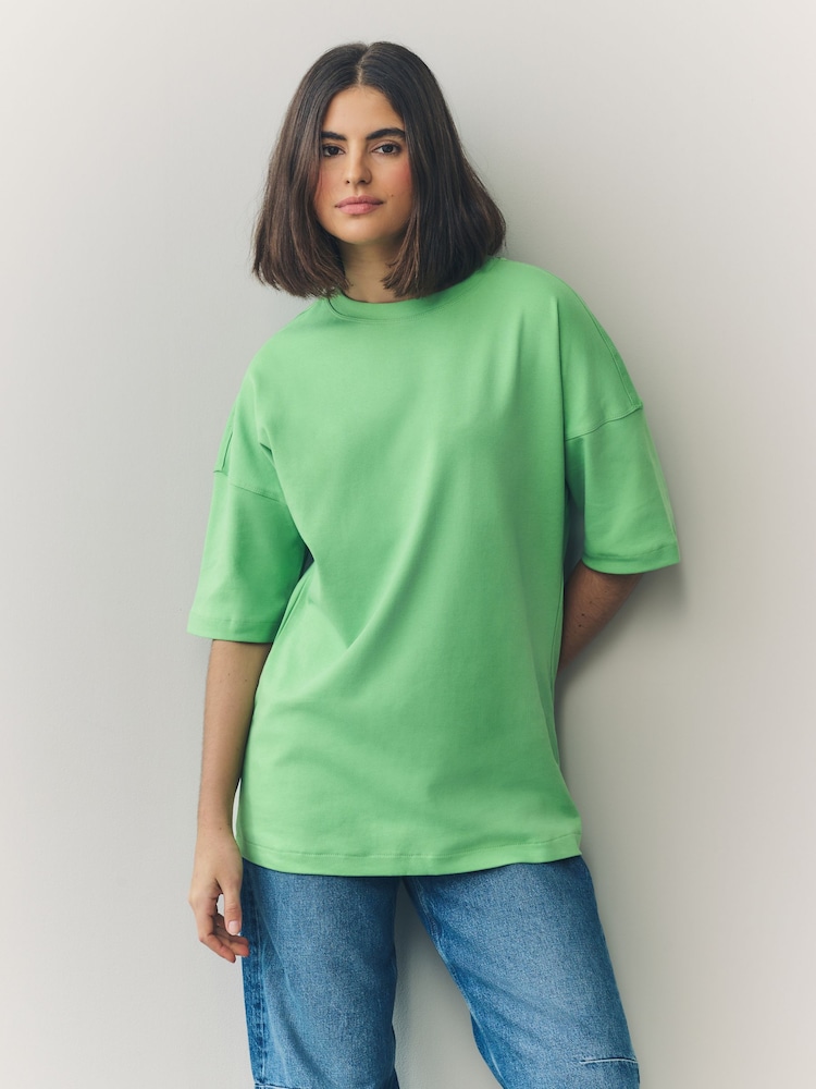 Bright Green 100% Cotton Relaxed Fit Heavyweight Longline Crew Neck T-Shirt - Image 1 of 7