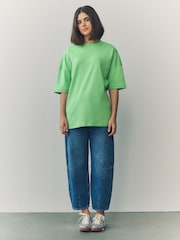 Bright Green 100% Cotton Relaxed Fit Heavyweight Longline Crew Neck T-Shirt - Image 3 of 7