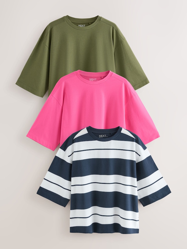 Pink/Cáqui/Stripe - Camisetas 100de algodão com gola redonda na altura do cotovelo, pacote 3 - Imagem 1 de 10