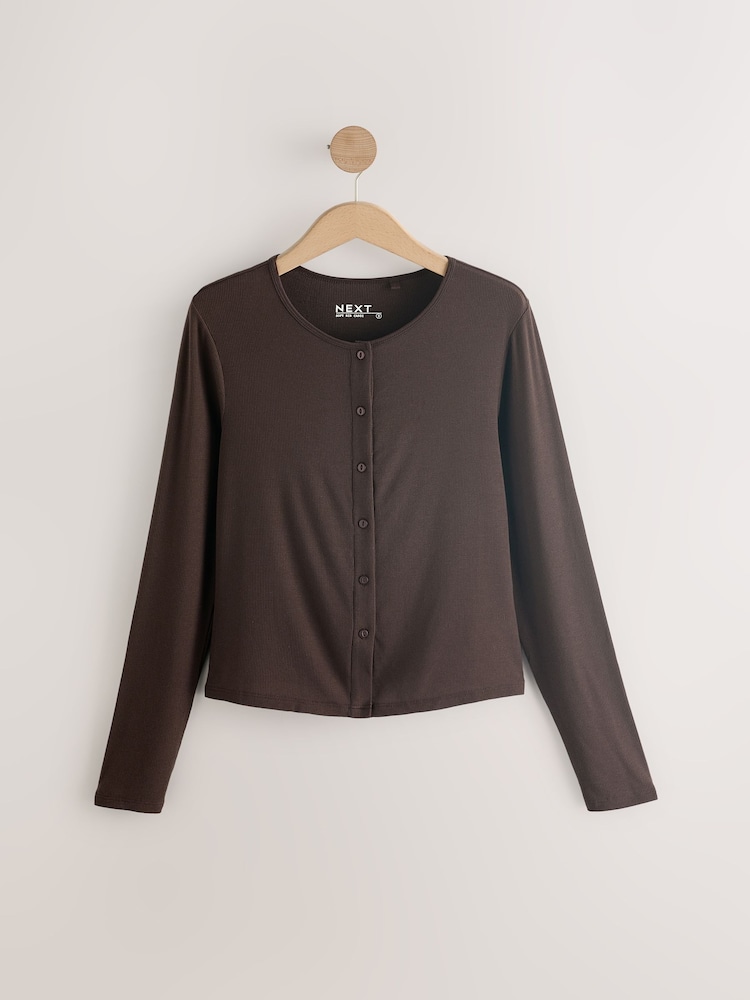 Chocolate Brown Soft Touch Ribbed Long Sleeve Button Through Cardigan with Containing TENCEL™ Lyocell - Image 1 of 3