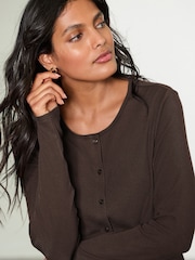 Chocolate Brown Soft Touch Ribbed Long Sleeve Button Through Cardigan with Containing TENCEL™ Lyocell - Image 4 of 7
